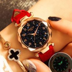 XIAOYA Fashion Women Star Sky Dial PU Leather Belt Quartz Wrist Watches(Red)