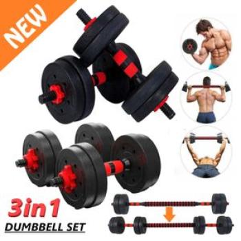 3 in 1 Adjustable Dumbbell Set + Barbell Rod - 10KG - Black