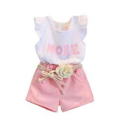 Girls` Letter Short + Shorts Belt Piece Set - Pink