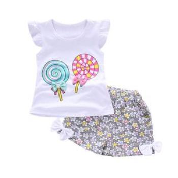 Girls Lollipop Flying Sleeve + Short Cotton Suit - White