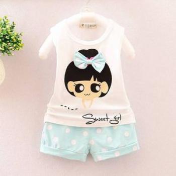 Girls Cartoon Print Vest +  Short Pant Clothing Set + Blue