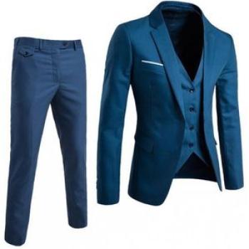 3 In 1 Men`s Suits Coat Pants Vest Uniform Set-BLUE