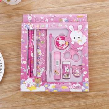 9 in 1 Cartoon Animals Pencil Ruler Eraser Sharpener Stationery Set Kids Top