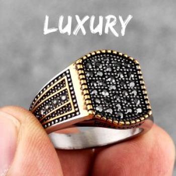 (R662-Luxury)Luxury Golden Black Rhinestone Stainless Steel Mens Rings Punk