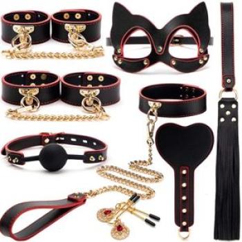Kits  Leather Bge Set  Handcuffs Collar Gag Wh
