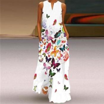 Elegant Breathable Long Dresses Woman V Neck Rose Print Women`s Dress VLCQ-82