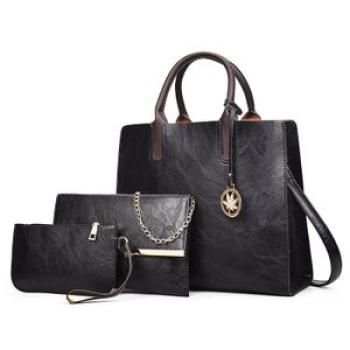Set of 3 Women`s Leather Bags Women`s Shoulder Bag - Black