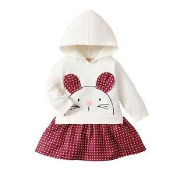 0-2Years Infant Baby Girl Dress/Fake Two Pieces Rabbit Print Polka Dots Dress