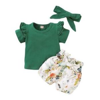 Toddler Baby Girls Outfit Short Sleeve Green Shirt + Floral Print Shorts + Headband