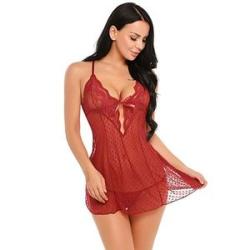 Women See Through Lace Sexy Adjustable Spaghetti Strap Chemise G-string Lingerie Pajamas-Dark Red