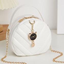 Women Crossbody Bag Leather Shoulder Bag For Ladies Chain Handbags Cat Round Bags White