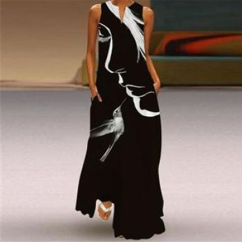 Elegant Breathable Long Dresses Woman V Neck Rose Print Women`s Dress VLCQ-146
