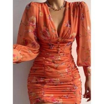 Ruched Bodycon Mini Vestidos De Mujer Casual Dress Women Clothes Orange