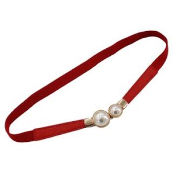 Womens Double Pearl Belt PU Leather Dress Skirt Waist Red