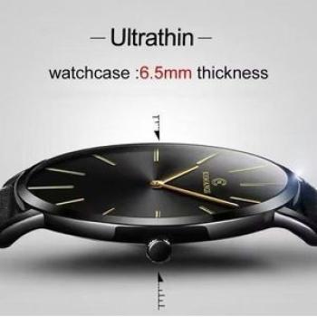 Quartz Watch Ultra Thin Men`s Leather Strap Wristwatch Black