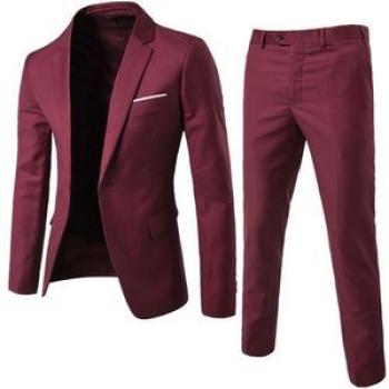 2 Pcs Set Men Long Sleeve Wedding Suits-Wine Red