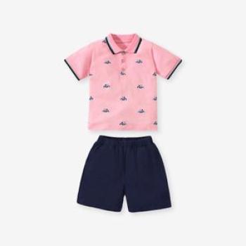 2023 Boys` Suit Summer Children Polo Shirt Two-Piece Set Lapel Print Cotton Childr