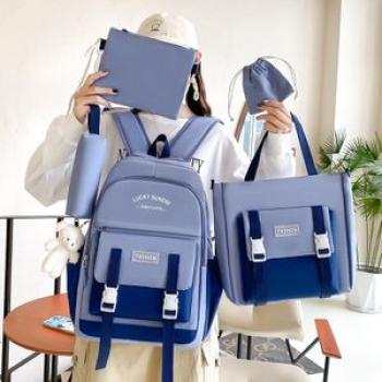 5-Piece Backpack Set, Large Capacity Simple School Bag Blue