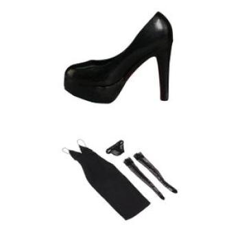 1:6 Black Black Long Dress With High Heels Underwear, Stockings Set