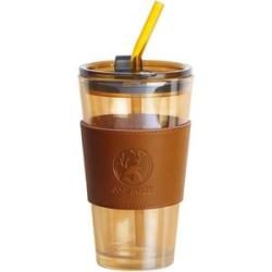 Glass Mug With Straw - Brown/Black- 450ml