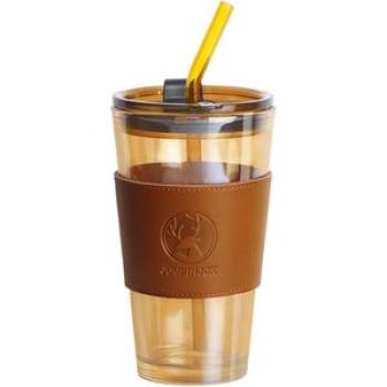 Glass Mug With Straw - Brown/Black- 450ml
