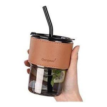 Durable Glass Mug With Straw - Brown/Black