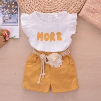 Girls` Letter Short + Shorts Belt Piece Set - Yellow
