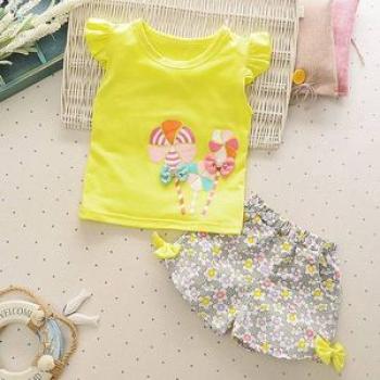 Girls Windmill Flying Sleeve + Short Cotton Suit - Yellow