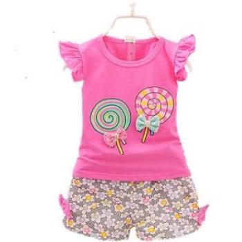 Girls Lollipop Flying Sleeve + Short Cotton Suit - Rose Red