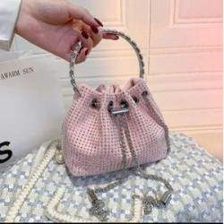 Women Rhinestone Diamond Clutch Bucket Bag - Pink
