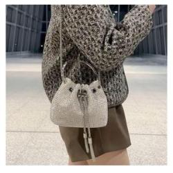 Women Rhinestone Diamond Clutch Bucket Bag - Sliver
