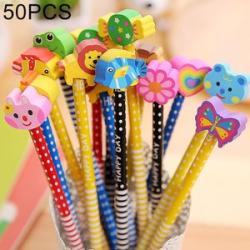 50 PCS Creative Stationery Cartoon Animals Series Wooden HB Pencil with Eraser Children Pencils For