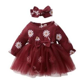 Newborn Baby Girls Daisy Floral Long Sleeves Tulle Princess Dress Red