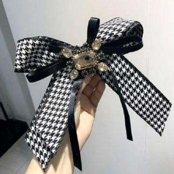Ladies College Style Houndstooth Pattern Bow Tie Gemstone Oversized Bowknot Brooch Clothing Accessor