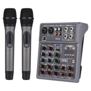 Audio Mixer 6 Channel Mixing Console with 2 Wireless Microphone BT Mixer OTG 4 DSP Scene Effects 48V