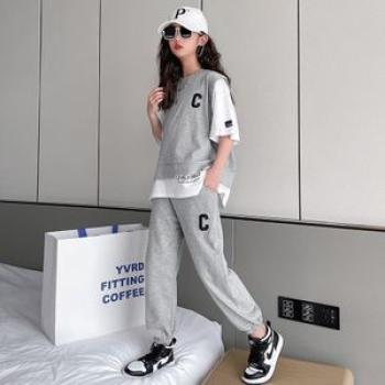 2PCS  Summer teens Girls Clothes children Sets Outfits Kids loose T-shirt + ankle-tied Pants tracksu