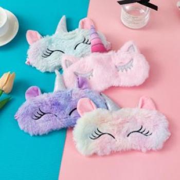 INS New Unicorn Eye Mask Cartoon Silver Horn Plush Sleep Blackout Eye Mask Four-Color Skin Sticker