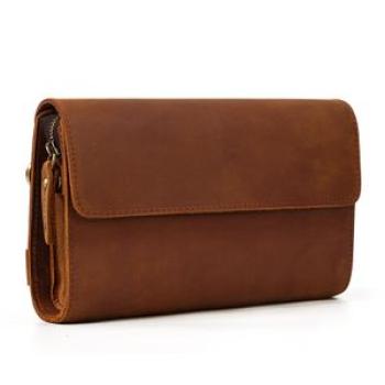 (Light Brown1)MAHEU Top Grade Leather Day Clutches For Men Vintage Style Hand Purse Double Interlaye