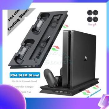PS4 Slim Vertical Stand with Cooler Cooling Fan Controller Charger Charging Dock Station Play Statio