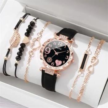 women`s diamond dial leather quartz watch+beaded bracelet set