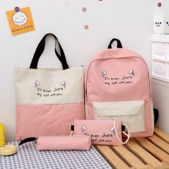 2023 Women Backpack Fashion 4pcs Canvas Cat Ear Shoulder Bags Large Capacity Student School Handbags