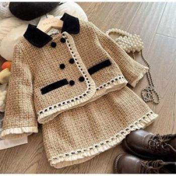 Girl 2 Piece Tweed Set Winter Suit Clothes for 1-10Years Children`s Cotton Padded Jacket Coat+Skirt