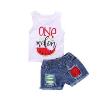 Overseas  for Europe and the United States girls monogrammed tank top patch denim shorts suit 1-3 ye