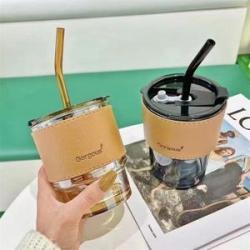Straw Glass Cup Household Bamboo Joint Cup Fruit Juice Milk Glass Water Cup Leather Case with Lid