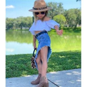 1-6Y Children Girls  Off Shoulder Puff Sleeve Crop Tops + Denim Irregular Skirts Summer Kids Baby Gi
