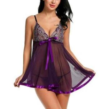 Women`s Mesh Sexy Lingerie Open Crotch Night Dress Sleepwear Nightgown See Through Sleep Dress Eroti
