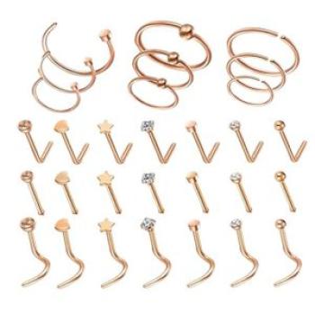 30 Pieces Fashion Nose Rings Set Nose Hoops Screw Mix Styles Rose Gold