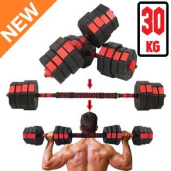 30KG 3 IN 1 Adjustable Gym Dumbbells Set + Free Barbell Rod - Black