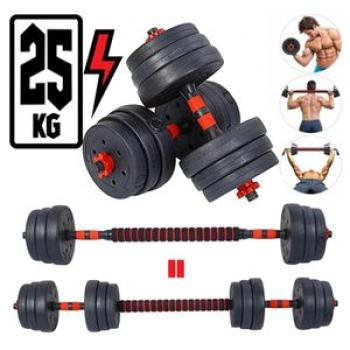 25KG Adjustable Gym Dumbbell Set + Free Barbell Rod - Black