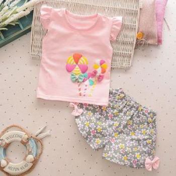 Girls Windmill Flying Sleeve + Short Cotton Suit - Pink